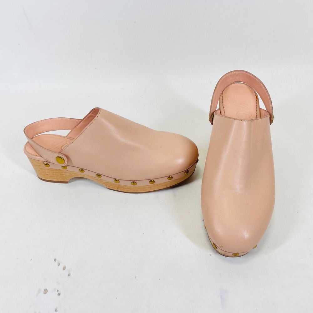 J.Crew Women Blush Pink Leather Slingback Wooden Clogs BA188 Size 8 Studded Heel